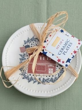NWT En Vogue Americana Patriotic Ceramic  Plates Set Of 4, One Has Crazing Mark.